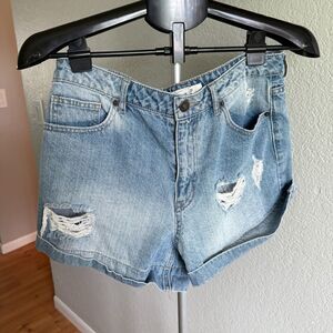 Forever 21 High Waist Light Wash Distressed Ripped Short Shorts Womens Size 28